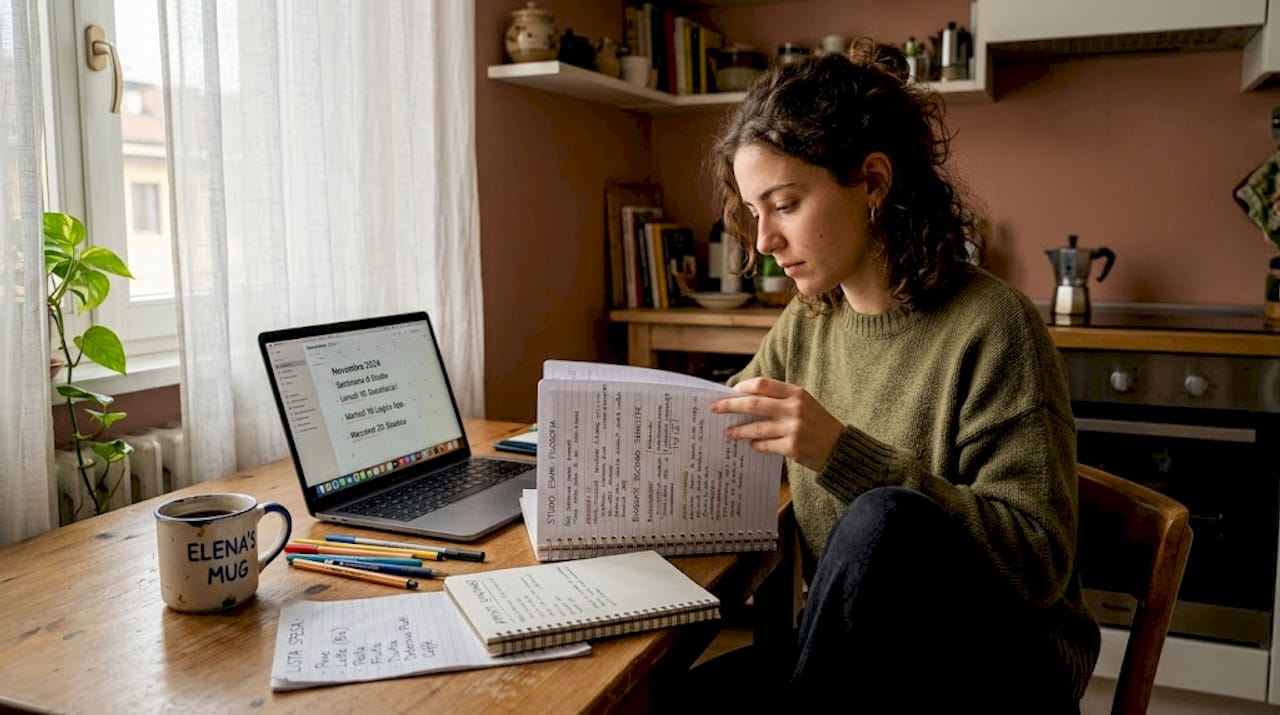 Uno studente sistema i suoi appunti e libri sul tavolo della cucina, preparando tutto il necessario per studiare al meglio.