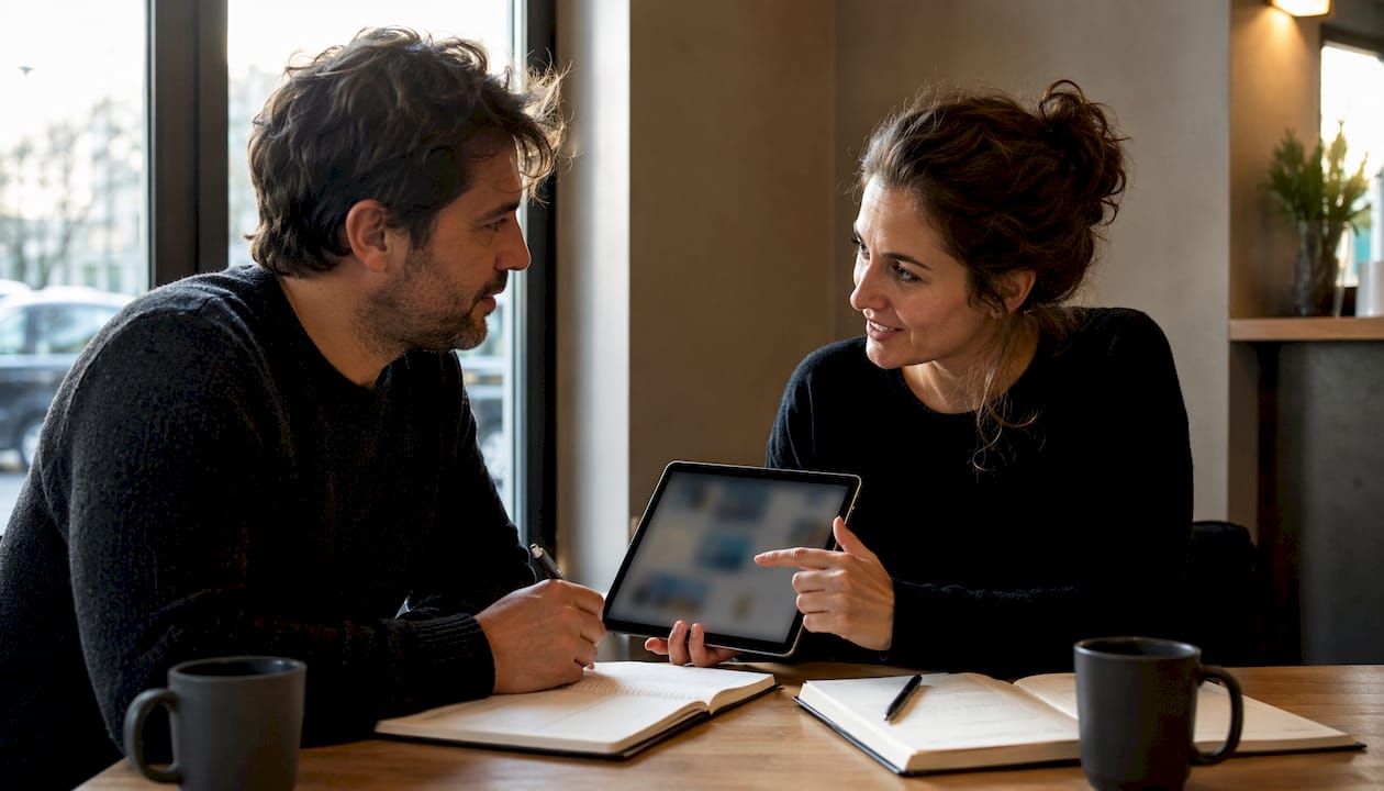 In biblioteca, due persone adulte stanno scambiando opinioni su un argomento.