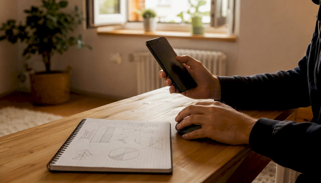 Mani di un adulto che tiene uno smartphone e un taccuino