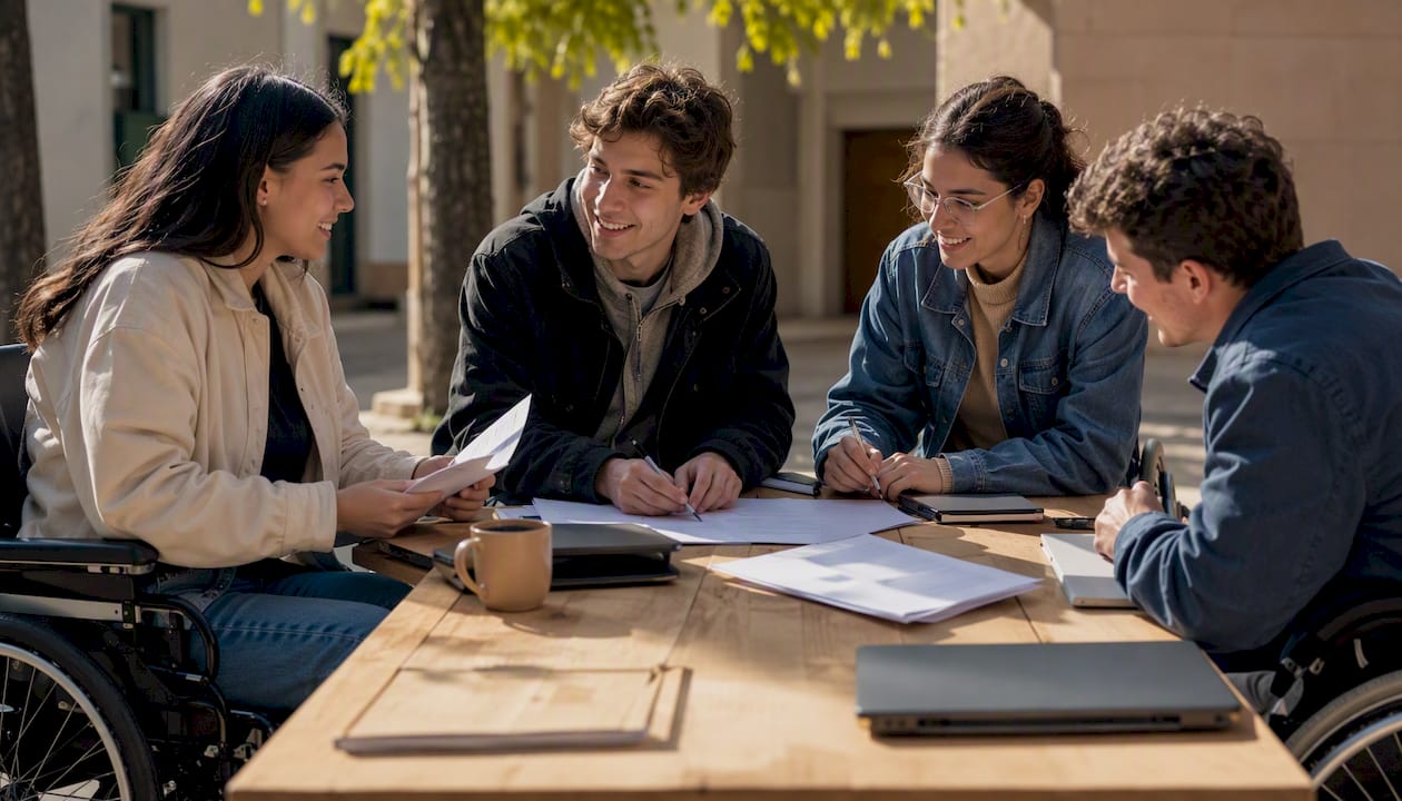 Un gruppo di studenti che si ritrova per studiare insieme in vista dell’esame, condividendo appunti e aiutandosi a vicenda.